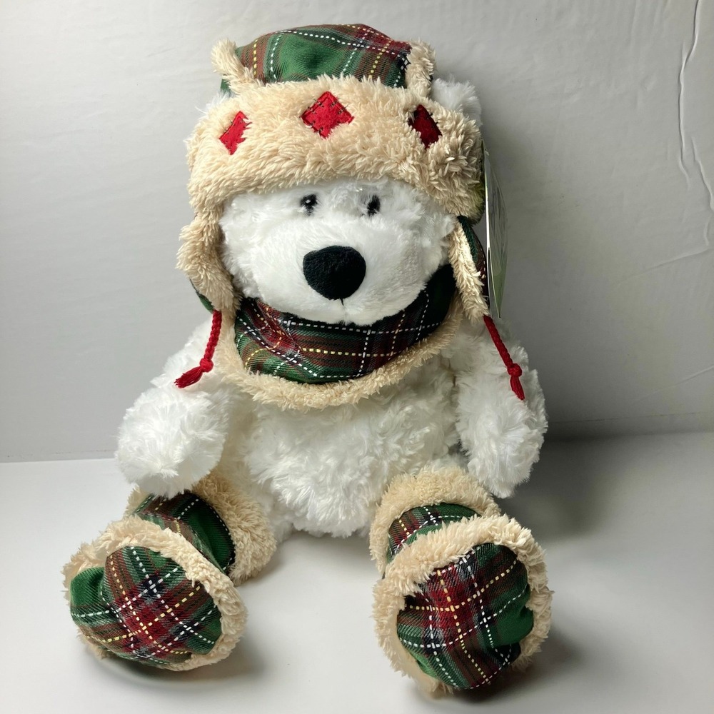 HUGFUN St Judes 18" Plush White‎ Bear OWEN Plaid Hat Ear Flaps Scarf Boots- NWT